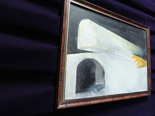 Framed abstract painting with geometric shapes and a hand