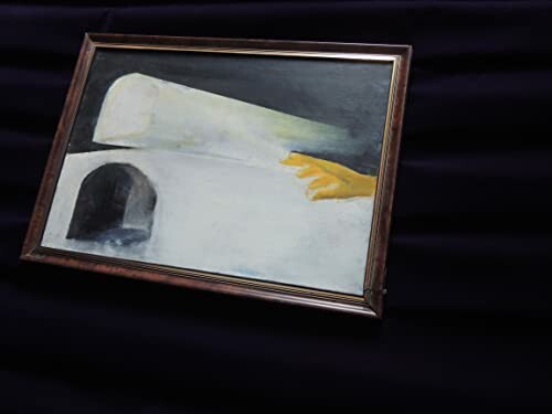 Abstract painting with a hand reaching toward a white arch on a dark background.