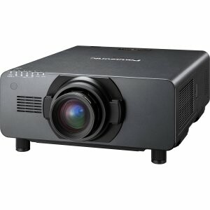 Black projector with lens facing forward
