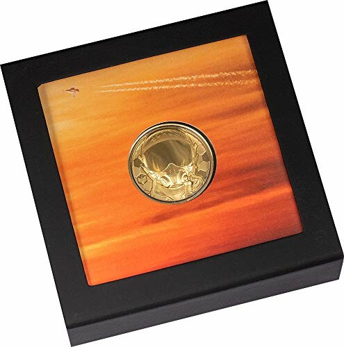 Gold coin in a black display box with a sunset background