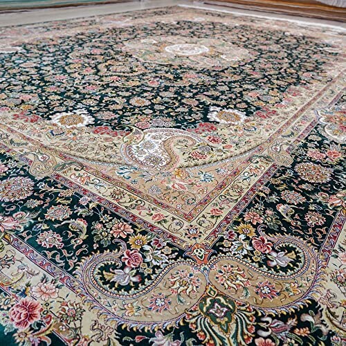 Intricate oriental rug with floral patterns and detailed borders.