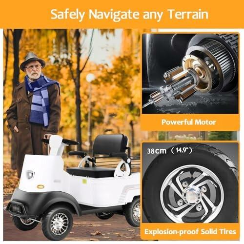 Elderly man beside a mobility scooter with powerful motor and explosion-proof solid tires.