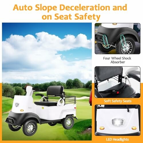 Mobility scooter with safety features like shock absorbers, safety seats, and LED headlights.