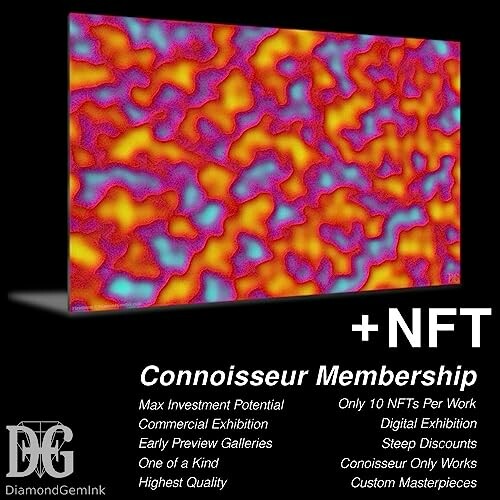 Promotional image for NFT Connoisseur Membership with colorful abstract art and membership benefits listed.