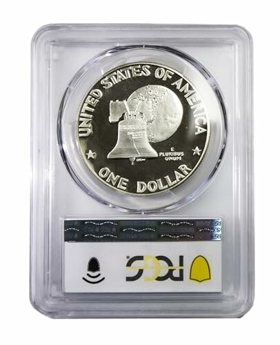 One dollar silver coin in protective case with Liberty Bell design.