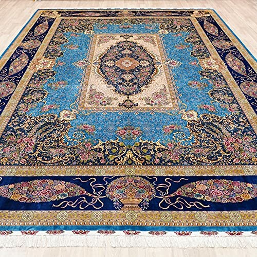 Intricate Persian-style rug with blue and gold floral patterns