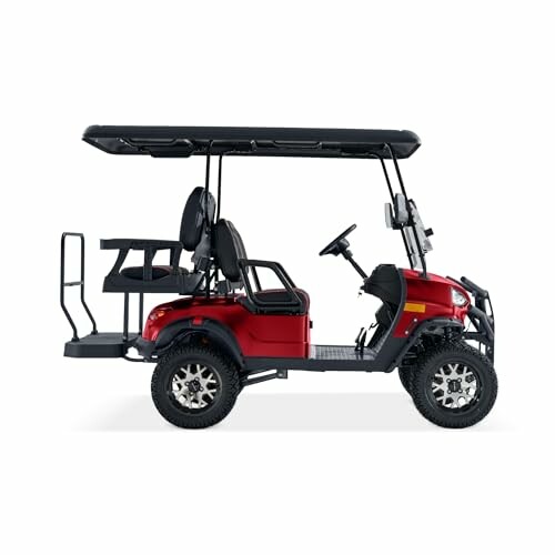 Side view of a red golf cart with a roof and two rows of seats.