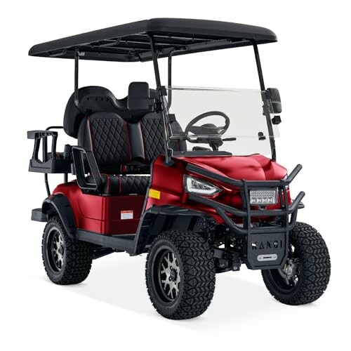 Red golf cart with four seats and black roof.