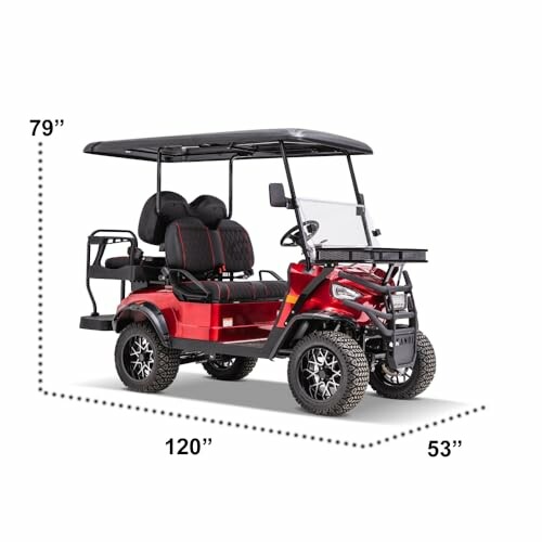 Red utility golf cart with dimensions 79x120x53 inches.