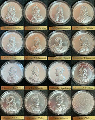 Collection of silver coins featuring historical figures in protective cases.