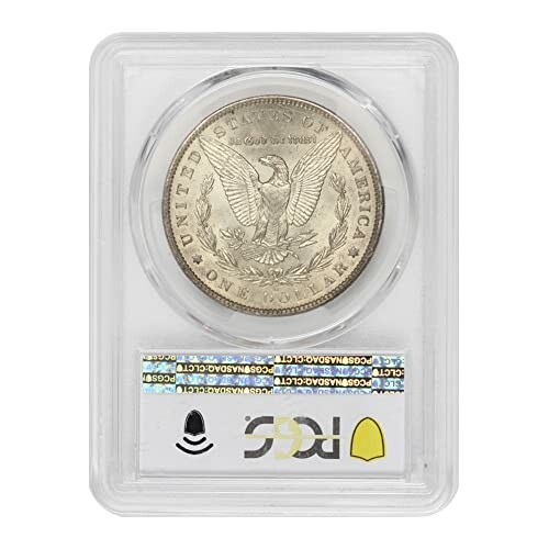 Silver dollar coin in a plastic case with certification label.