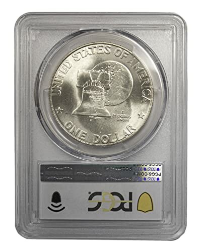 Silver one dollar coin with Liberty Bell, in protective case.
