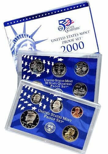 United States Mint 2000 proof set with quarters and coins.