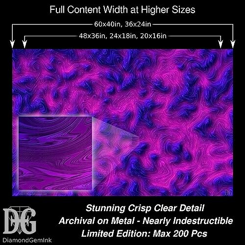 Vibrant purple abstract art on metal with size details.
